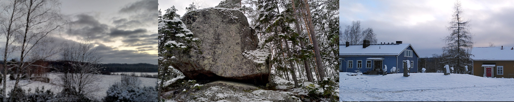 Views of trees, snow, rocks and buildings at Arteles Creative Center in Finland